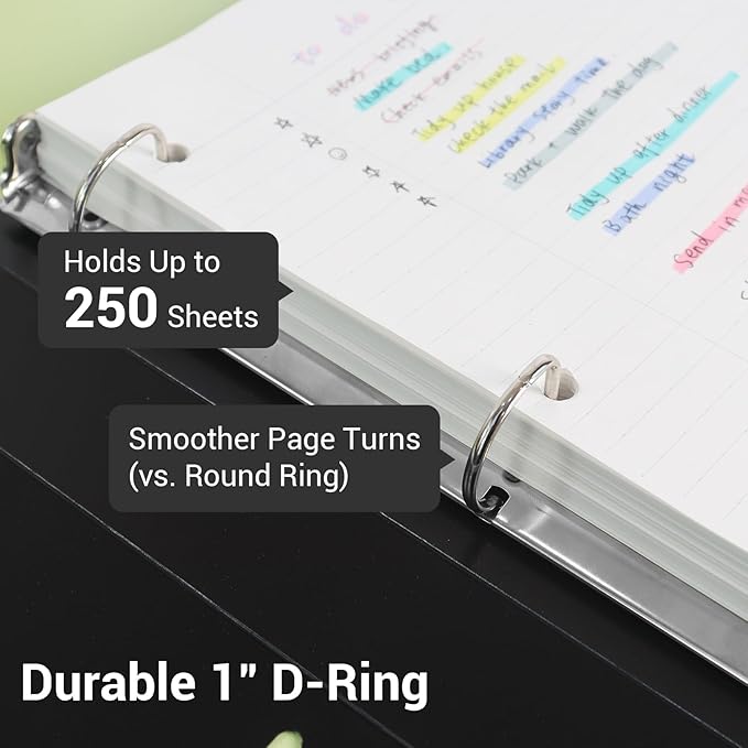 MUKAWA 1 Inch 3 Ring Binder, D-Ring Binder Holds 250 Sheets, PP Cover with Writable Spine Label, Lay-Flat Design, Letter Size 8.5x11, Lightweight for School, Office & Home Organization, 2 Pack, Black