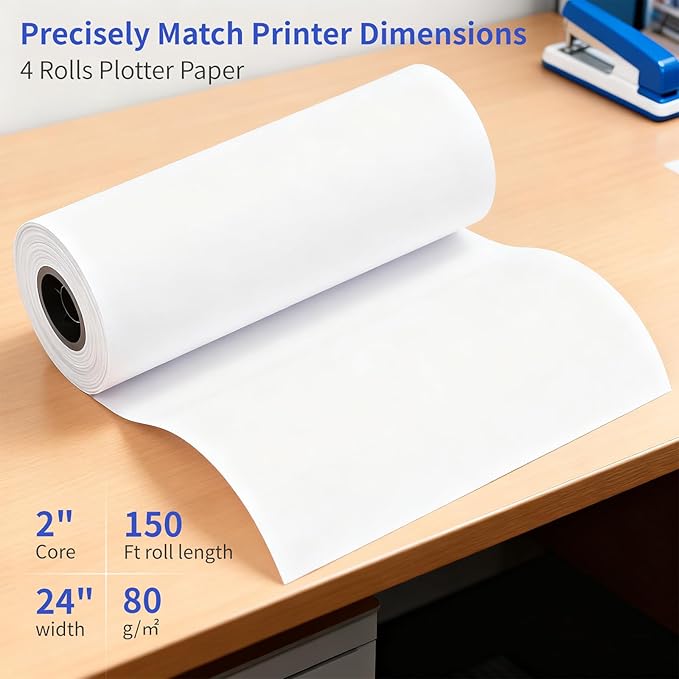 Wide Format Paper 24 In x 150 Ft, 2 Rolls Plotter Paper on 2" Core, CAD Bond Rolls for CAD Printing on Wide Format Ink Jet Printers,Choice for Engineering Plans, Architectural Designs and GIS Maps