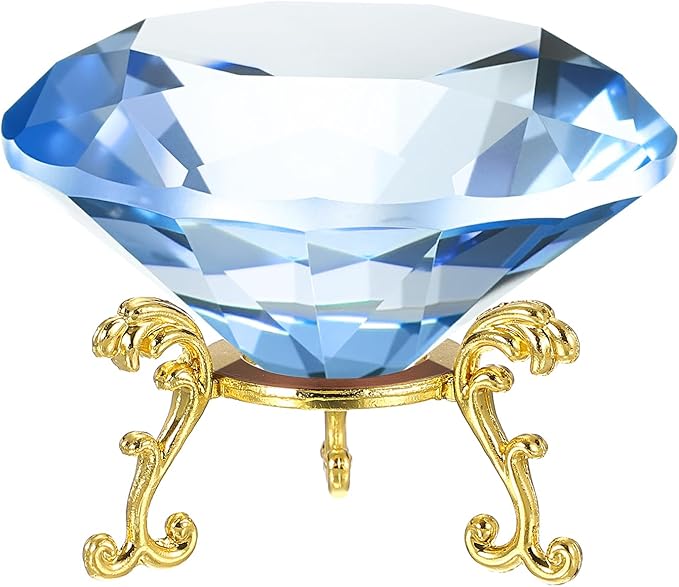 PATIKIL Diamond Crystal Paperweight, 80mm / 3.15" Crystal Paperweight Paper Weight with Gold 19 Metal Base for Home Office Desktop Table Decor Wedding Party Ornaments, Light Blue