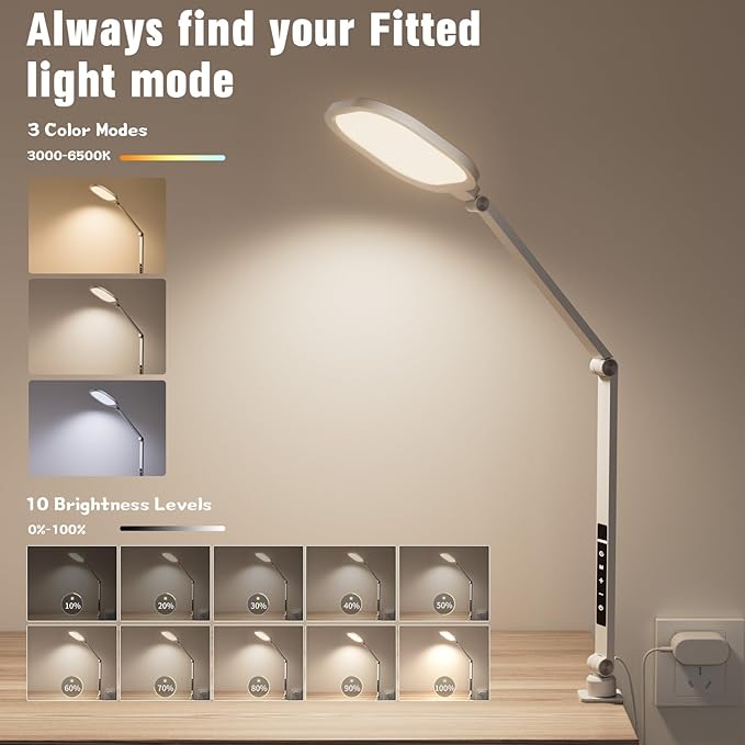 LitONES LED Desk Lamp for Home Office, 15W Desk Light with C- Clamp, Swing Arm, Memory & Timer Function, 1200LM Dimmable Computer Light for Video Calls, Conference, Study (White-Clamp)