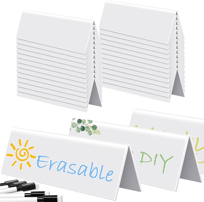 Fainne 50 Sets Dry Erase Name Tent Cards with Black Markers 8.7 x 2.8 x 1.9 Inches White Reusable Name Plate Wipe Clean Desk Tags Sign for Classroom Table Office Conference Meeting Weddings