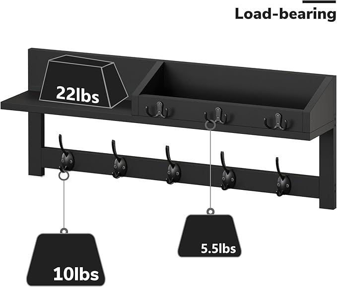 AMBIRD Wall Hooks with Shelf, 26.57 Inch Entryway Wood Coat Hooks for Wall, Coat Rack Wall Mount Rack with 5 Dual Hooks 3 Key Hooks Mail Organizer and Key Rack Key Holder (Black)