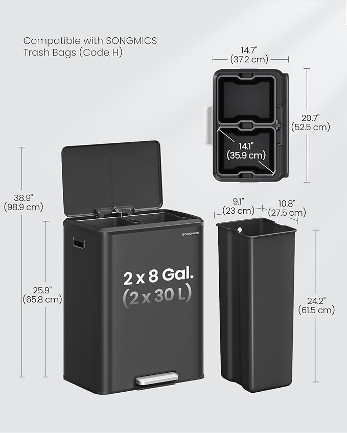 SONGMICS Trash Can, 2 x 8 Gallon (2 x 30 L) Double Garabge Can for Recycling and Waste, Stainless Steel, Soft-Close Lid, Inner Buckets, Wide Sturdy Pedal, Ink Black ULTB556B01