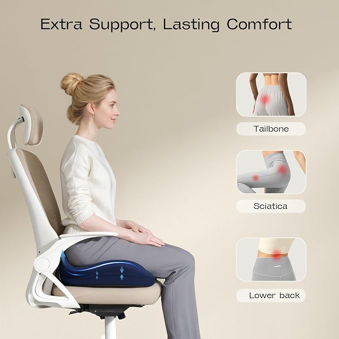 ZZ-WELL Seat Cushions for Office Chairs - Ergonomic Tailbone Pain Pressure Relief Seat Cushion - Extra Large & Thick Design Memory Foam Office Chair Cushion, 21.2" W X 16.5" L (Blue)