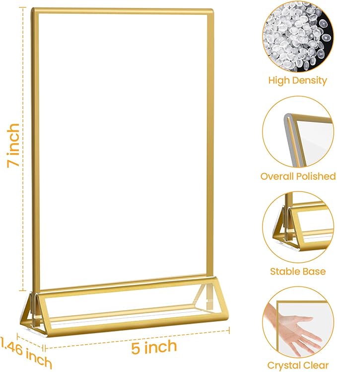 Smarpau Gold Acrylic Sign Holder 5x7, Double-Sided Display Stand, Clear Picture Frames/Flyer Holder/Menu Holder/Table Number for Wedding, Home, Offices(16Pcs)