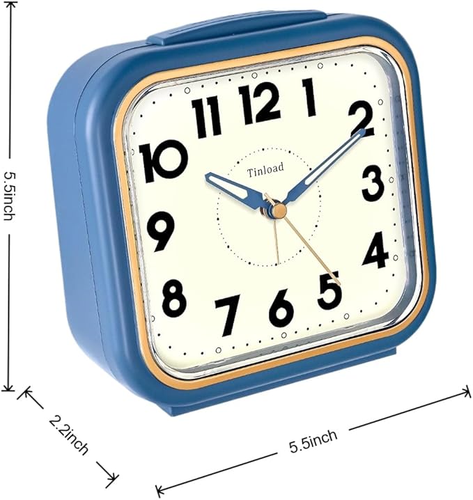Tinload 5.5" Large Analog Alarm Clock • Silent Non Ticking • Gentle Wake • Beep Sounds • Increasing Volume • Battery Operated Snooze and Manual Light • Retro Blue