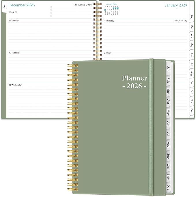 2026 Planner - Weekly Monthly Planner 2026 from January 2026 to December 2026 with 12 Monthly Tabs, Flexible Cover, Inner Pocket, 8.5" x 11", Green