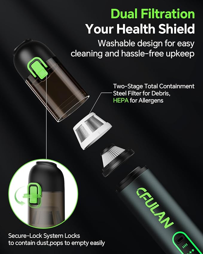 Cfulan Car Vacuum Portable Cordless, 21KPa 4-in-1 Handheld Mini Vacuum Cleaner with 8 Attachments, 3 Suction Modes, One-Touch Empty, Type-C Charge, Hand Vacuum for Car, Home, Keyboard, Small Job