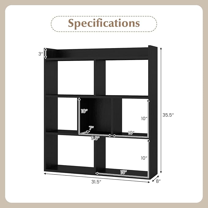 Giantex 7 Cubes Bookshelf, Free-Standing Wooden Bookcase, 4 Tier Home Display Shelf, Horizontal Storage Unit w/Anti-Toppling Devices, Open-Back Display Rack for Study, Living Room (2, Black)