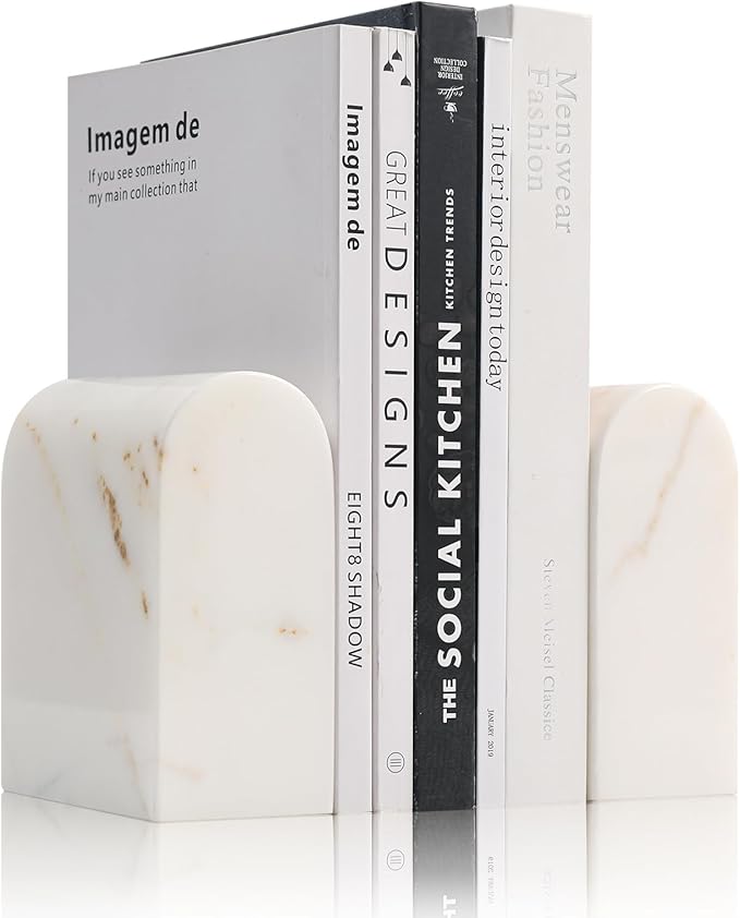 Faticdorr Luxury Marble Bookends for Shelves, 13LB Heavy Duty Marble Book Ends for Heavy Books, Stone Bookends Decorative, Polished, Calacatta Gold Arch, Set of 2