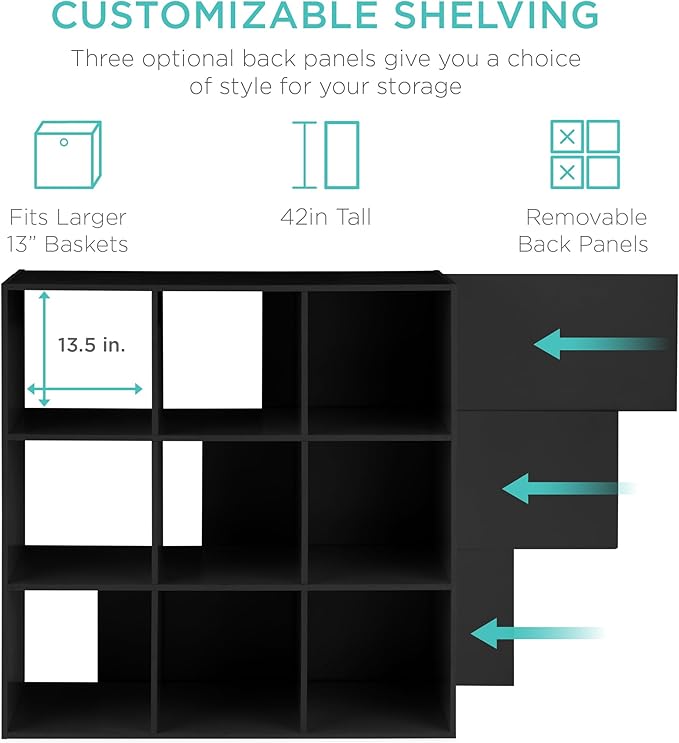 Best Choice Products 9-Cube Storage Organizer, 13.5in Shelf Opening, Bookcase, Display Shelf, Customizable w/ 3 Removable Back Panels – Black