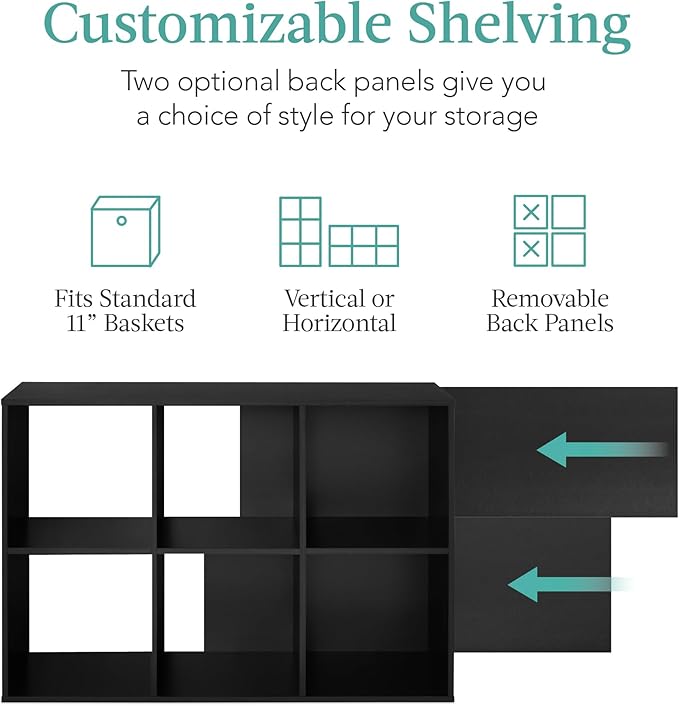 Best Choice Products 6-Cube Storage Organizer, 11in Shelf Opening, Bookcase, Display Shelf, Customizable w/ 3 Removable Back Panels – Black