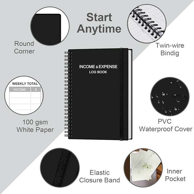 Heveboik Income & Expense Log Book - A5 Income and Expense Tracker for Small Business, Accounting Bookkeeping Tracking for Woman and Man, 5.8" x 8.3", Black