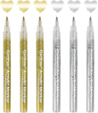 Grabie Gold&Silver Extra Fine Tip Acrylic Paint Marker Set, 6 Pack Gold Paint Markers, 0.7mm Acrylic Paint Pens for Black Paper, Halloween Pumpkin, Christmas DIY, Silver Pen(Gold&Silver)