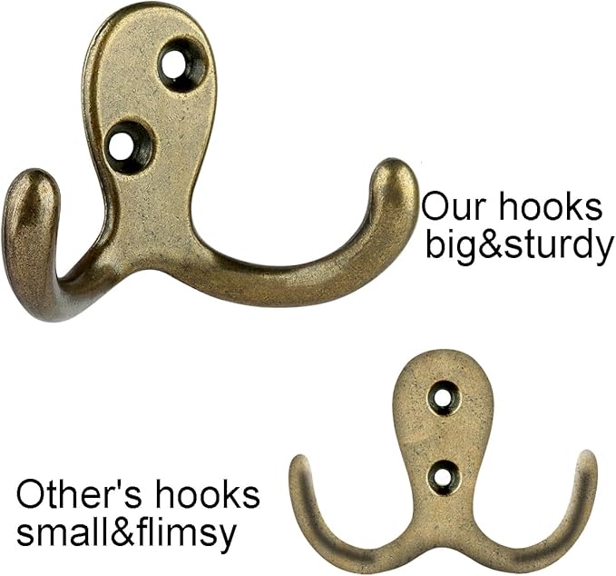 IBosins 16 Pack Heavy Duty Double Prong Coat Hooks Wall Mounted Antique Brass Wall Hook Rustic Utility Hooks for Coat, Scarf, Bag, Towel, Key, Cap, Cup, Hat