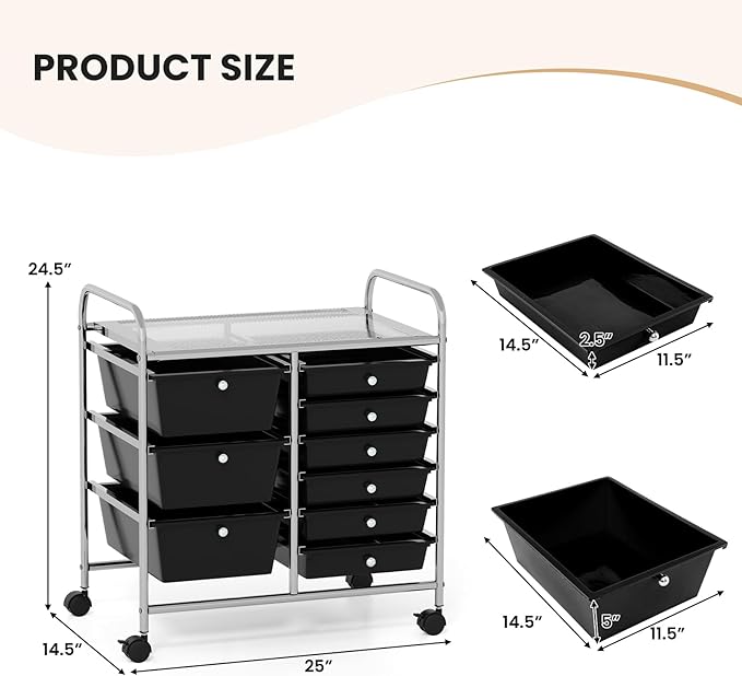 LDAILY 9 Drawer Rolling Storage Cart, Rolling Cart with Drawers for Classroom, Art Supply Craft Organizer on Wheel with Metal Frame & Handles for Home Office School