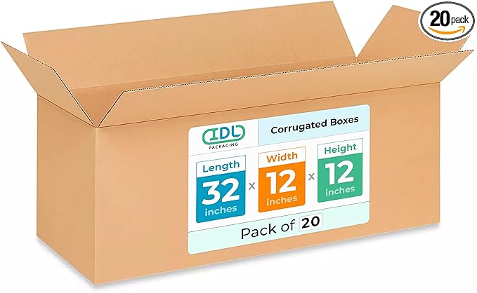 Long Shipping & Moving Boxes 32"L x 12"W x 12"H (20-Pack) - Extra Strength 200 lb vs Regular - Corrugated Packing Boxes Made in USA - Heavy Duty Moving Box - Cardboard Packing Box by IDL Packaging