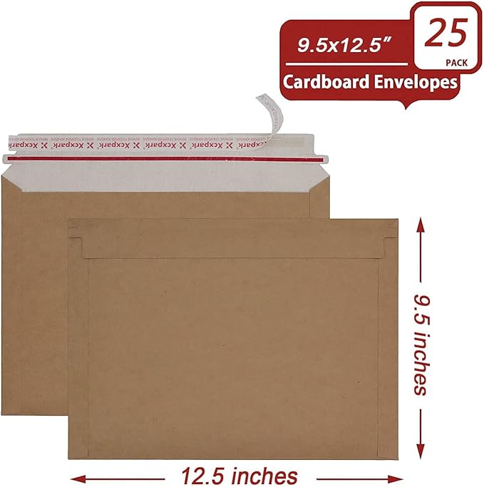 Xxcxpark 25 Pack Brown Kraft Rigid Mailers, 9.5x12.5 inches Self Seal Photo Document Mailers Premium Cardboard Keep Flat Envelopes for Photos, Pictures, Papers, Files, CD
