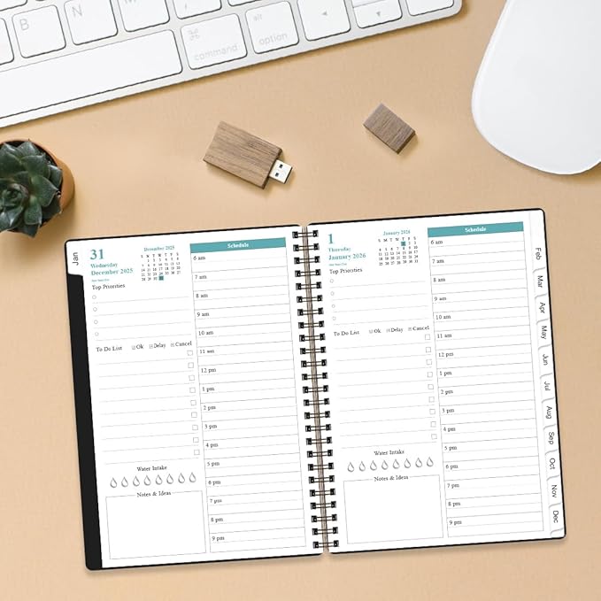 2026 Daily & Monthly Planner - One Page Per Day, Daily Planner from January 2026 to December 2026, Planner 2026 with 12 Monthly Tabs, 6.4" x 8.5", Black