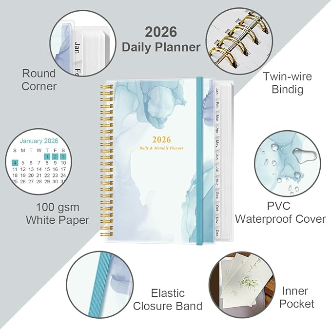 2026 Daily & Monthly Planner - One Page Per Day, Daily Planner from January 2026 to December 2026, Planner 2026 with 12 Monthly Tabs, 6.4" x 8.5", Rose Flower