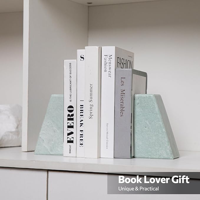 Faticdorr Luxury Marble Bookends for Shelves, 11LB Heavy Duty Marble Book Ends for Heavy Books, Stone Bookends Decorative, Polished, Light Green Triangular, Set of 2