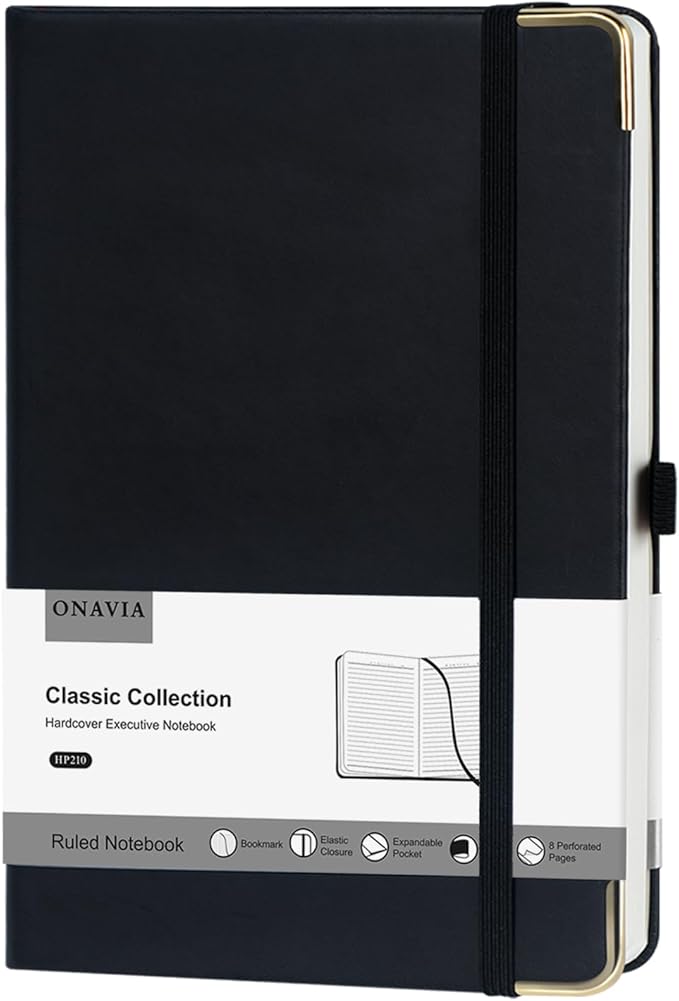 ONAVIA A5 Lined Journal Notebook - 100 GSM Thick Paper, Hardcover Journaling Notebook for Writing, Work, Travel, School, College Ruled Journal for Women and Men, PU Leather Note Book, 5.5”x8.3”- Black