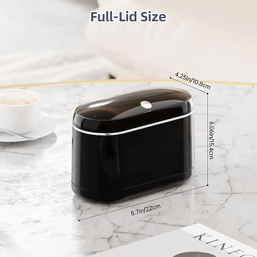 PAVSTINE Mini Trash Can for Desk with 5 Rolls of Trash Bags, Small Press-Top Countertop Garbage Bin, Removable Waste Basket for Bedroom, Vanity, Coffee Table, Kitchen (Black Full-Lid)
