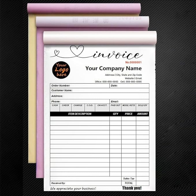 Personalized Invoice Book Custom 2 Part/3 Part Receipt Book Quote Estimate Order Forms Carbonless Form with Your Company Name Logo Address,2-10 Books (Style 18)