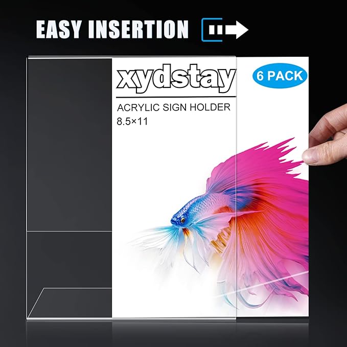 xydstay 6pack 8.5x11 Acrylic, L Shape Clear Plastic, Menu Holder, Unbreakable Table sign holder for Restaurant, Office, School, Store and Home Use