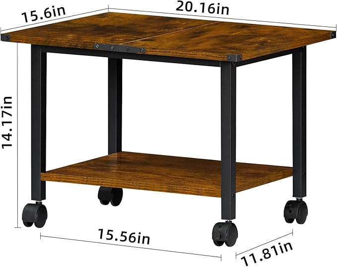 Lerliuo Under Desk Printer Stand, 2-Tier Industrial Mobile Printer Table with Storage Shelf and Steel Frame, Rolling Printer Cart Holder with Lockable Wheels for Home, Office (Rustic Brown)