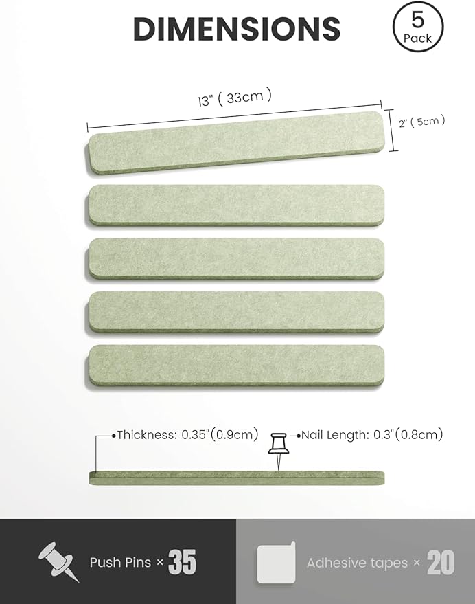 Fluxynara Cork Board Alternative Felt Strip Board 5-Pack 13"x2", Office Pin Board with 35 Push Pins, Adhesive Install for Bedroom Door & Home Office(Sage)