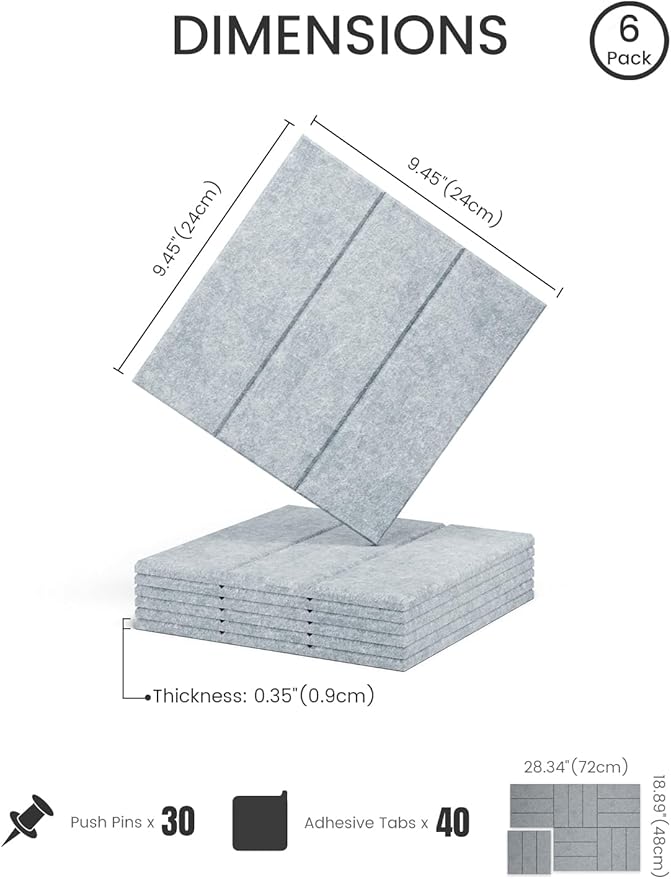 Fluxynara Felt Bulletin Board Tiles -28"x18" with 40 Adhesive Tabs, Cork Board Alternative for Office Decor, Push Pin Board Wall Organizer 6-Pack (Blue Gray)