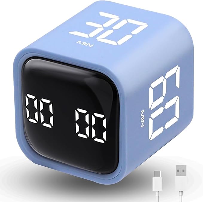 Productivity Timer Flip Gravity Sensor Cube Timer Countdown & Countup,Mute & Vibrate & Sound，5/10/30/60min & Custom Timing, Perfect for ADHD,Work,Learning,Kitchen Cooking (1Blue)