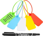 100 Blank Plastic Tags for Labeling Waterproof Hanging Labels Writable Tags Seal Plastic Marking Label for Clothes Bags Keys Inventory with One Marker Pen (Mixed 5 Color)