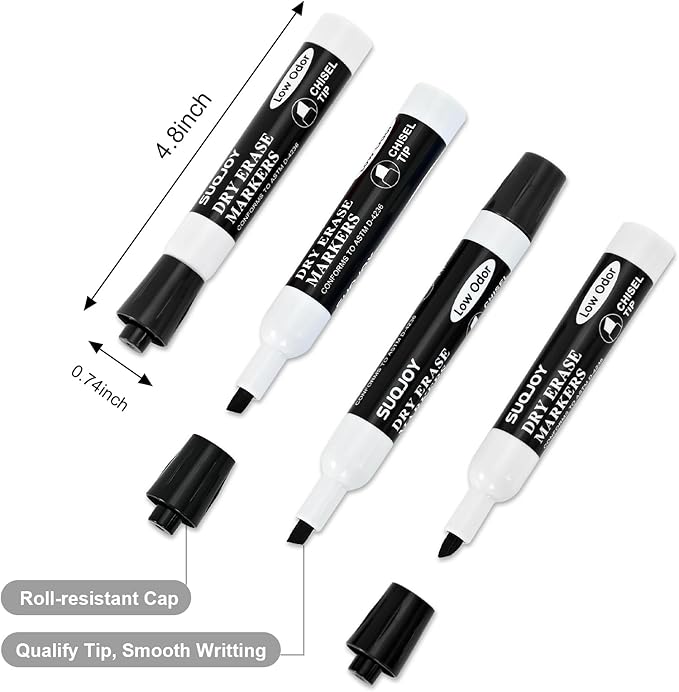 SUQJOY Dry Erase Markers, Chisel Tip Whiteboard Marker, Low Odor Thick Dry Markers, 12 Bulk Black Color Markers for office.