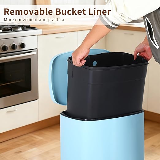 PayLessHere Stainless Steel Trash Can with Lid - Removable Inner Bucket, Foot Pedal Soft Close for Office, Home, Kitchen Garbage Bin (Blue, 13 G)