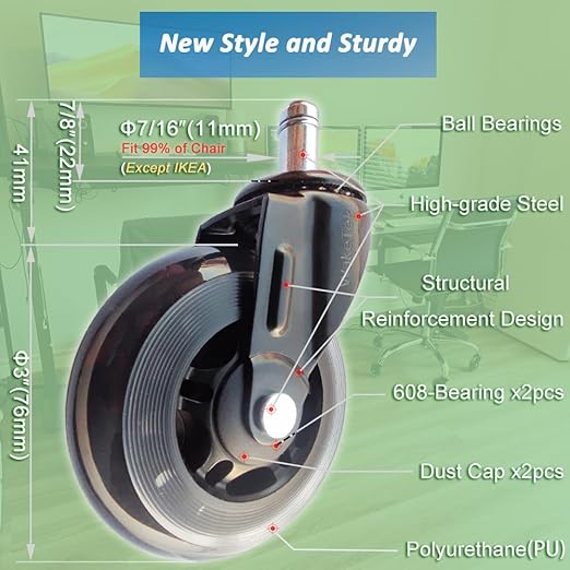 WakeTek Premium Office Chair Wheels Replacement with Removal Tool, These Flexible and Durable Desk Chair Casters're Helpful for Working, Learning and Gaming(3 Inch, 7/16 Inch(11mm), 5pcs)