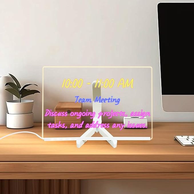 Acrylic Dry Erase Board with Light 11.8 X 7.9” Clear Light up Dry Erase Board with Stand Desktop Glow Memo LED Letter Rewritable Message Board White Board LED Note Board with 7 Color Markers