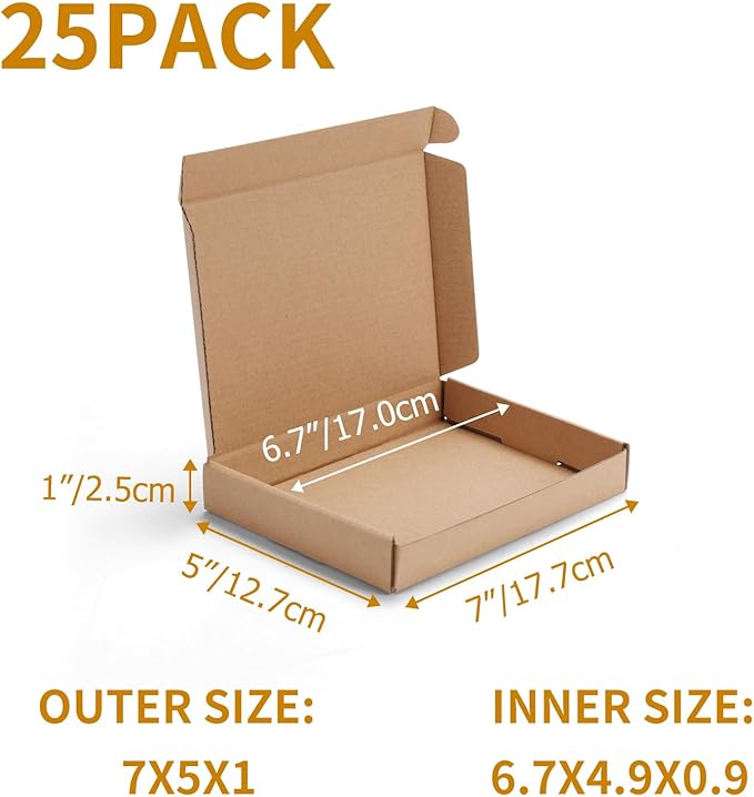 PHAREGE 7x5x1 inch Shipping Boxes Bulk 25 Pack Brown, Tab Lock Tuck Top Mailer Boxes for Packaging Small Business, Small Cardboard Gift Boxes for Wrapping Mailing Present