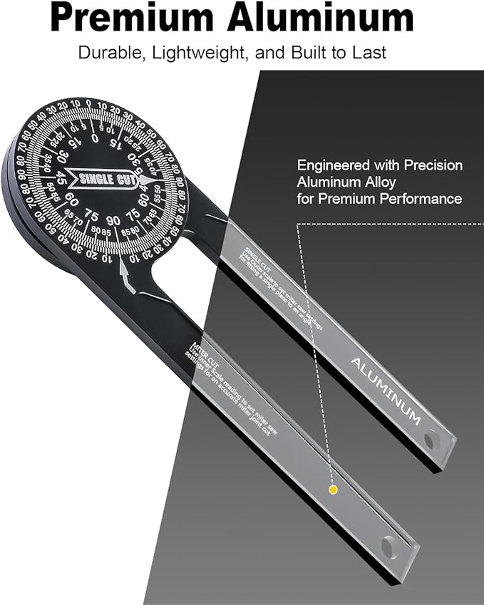 Anyongora 7.2" Miter Saw Protractor Angle Finder, CNC Aluminum Miter Gauge with Laser Engraved Scales, Precision Tool for Carpentry, Crown Molding & Construction, 5.3oz Ultra-Lightweight Portable