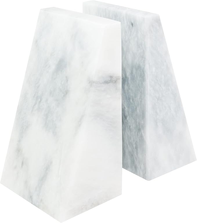 Ottimo Polished Heavy Stone Marble 6" Book Ends for Bookshelf Decor, Home, Office or Kitchen Shelves. Heavy, Triangular, and Decorative Book Stopper with Anti-Slip Pads, Great Gift Idea (White)