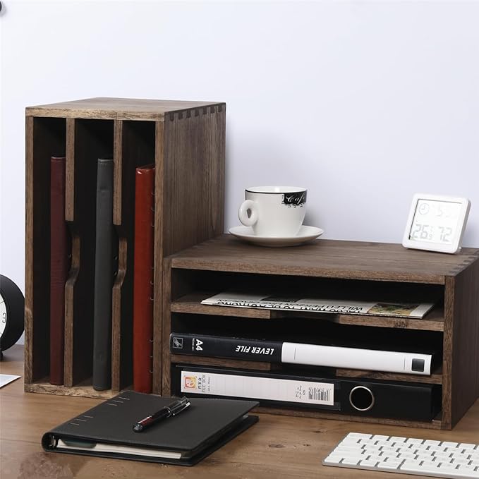 DDYURI 3-Tier Paper Storage Letter Tray File Sorter - Wood Desktop Document Organizer Holders with Mail Sorter, School & Home Magazine File Dividers for Office Accessories Dark(SJ3K-DK)