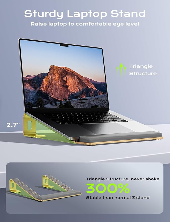JCZT Aluminum Laptop Stand, Notebook Stand with Wrist Rest, Ergonomic Detachable Laptop Mount, Computer Stand Compatible with 10-17'' All Laptops Such as MacBook Air Pro/HP/Dell/Lenovo, Gold