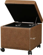 Adeco 16.7" H Vintage Golden Brown Leather Storage Ottoman with 360 Caster Wheels, Square Foot Stool with Decorative Bronze Thumb Tacks & 330 LB Load Capacity