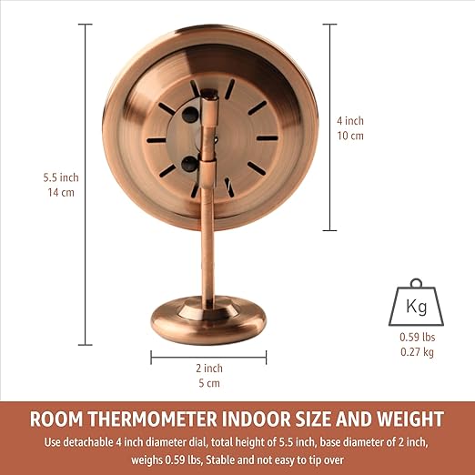 Foxyoo 4-Inch Indoor Thermometer and Humidity Gauge, Room Analog Temperature and Humidity Monitor, Dual Scale Display, Brass Dial with Stand, Battery-Free for House, Home, Desk, Bedroom, Garage, RV