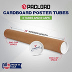 3" x 24" Reinforced Kraft Paper Mailing Tubes, Pack of 4 Tubes with 2 Caps Each – USPS Approved Poster Tube – Made in USA Cardboard Tube for Shipping and Storing Posters, Prints, Artwork, or Documents