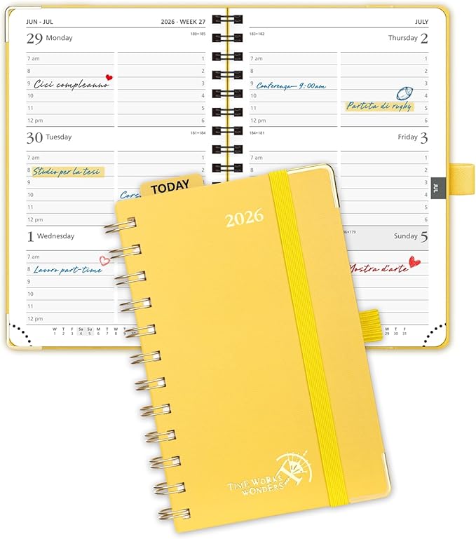POPRUN 2026 Pocket Planner with Hourly Time Slots for Purse, (Small Size-4'' x 6.25'') - Daily Weekly and Monthly Calendar Agenda 2026 Appointment Book with Inner Pocket, 100 GSM - Light Yellow
