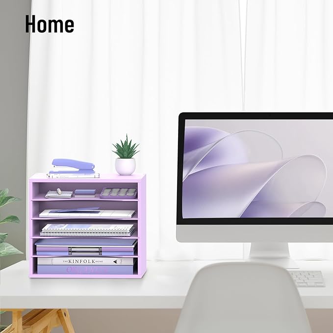 SHARKWOODS 5-Tier Wood Desk Organizer, Paper Tray Organizer for Desk with Adjustable Storage Shelves, Desktop File Organization Paper Sorter Mail Holder for Office Home Classroom, Purple