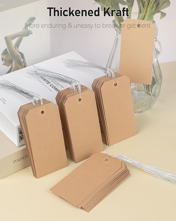 Uniclife 100 Pcs Blank Shipping Tags with Wire Attached 4.7 Inch Writable Brown Kraft Paper Hang Tags with Reinforced Eyelet Large Marking Price Tag Inventory Label Tag, 4.7" L x 2 3/8" W