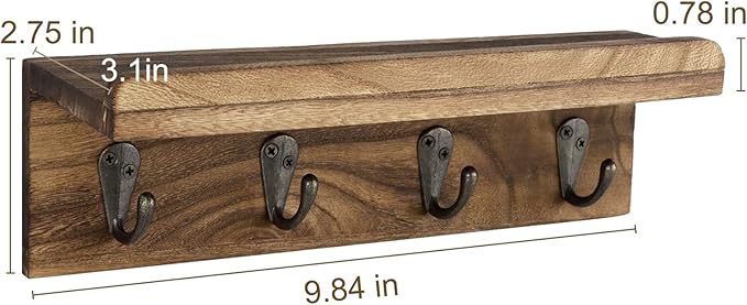 HRONRAD Rustic Key Holder for Wall, Farmhouse Wall Shelf with 4 Hooks, Wall Mounted Key Racks, Wooden Mail Organizer with Hooks for Entryway (Brown)